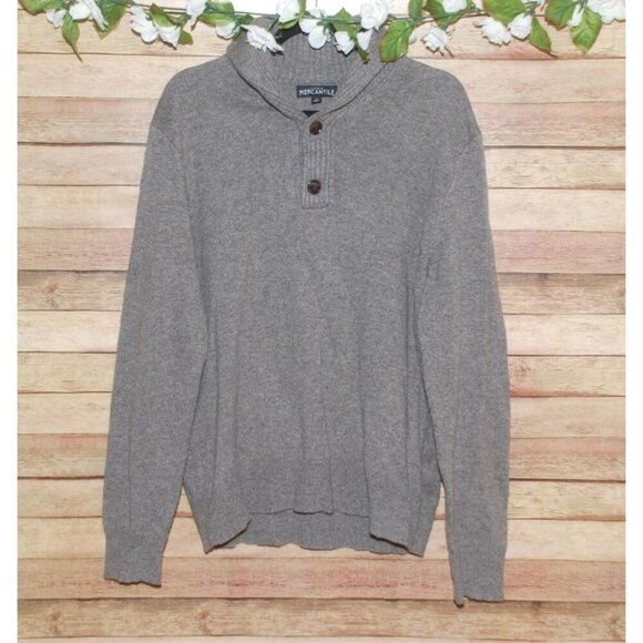 Men’s J. CREW Gray Pullover Sweater L Shawl Cowl Neck 1/4 Button Lambs Wool - Picture 1 of 10